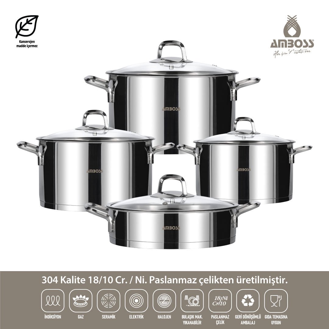 Amboss Diamond 8 Parça Paslanmaz Çelik Cam Kapaklı Tencere Seti