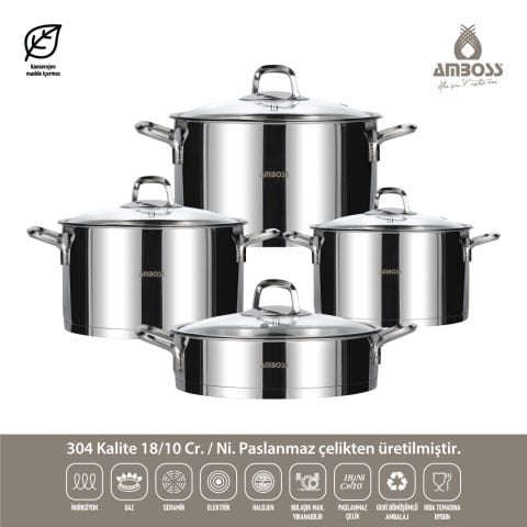 Amboss Diamond 8 Parça Paslanmaz Çelik Cam Kapaklı Tencere Seti