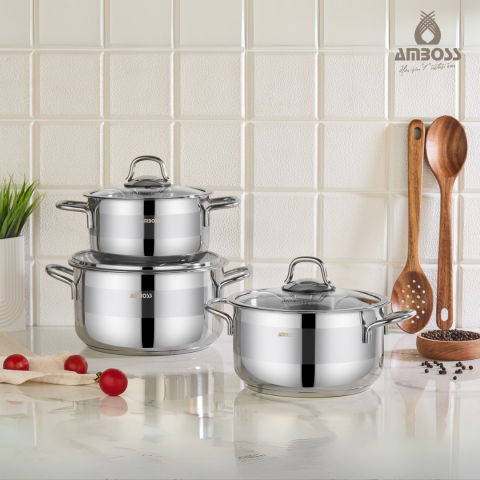 Amboss Saphire 6 Parça Paslanmaz Çelik Cam Kapaklı Derin Tencere Seti