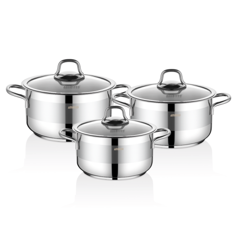 Amboss Saphire 6 Parça Paslanmaz Çelik Cam Kapaklı Derin Tencere Seti