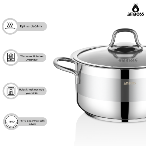 Amboss Saphire 6 Parça Paslanmaz Çelik Cam Kapaklı Derin Tencere Seti