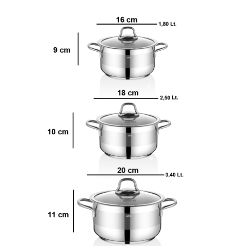 Amboss Saphire 6 Parça Paslanmaz Çelik Cam Kapaklı Derin Tencere Seti