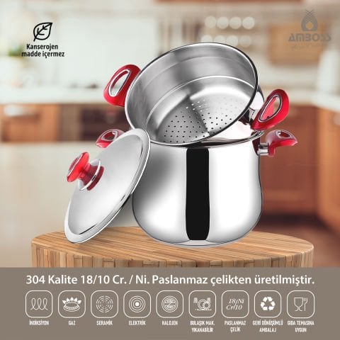 Amboss Saphire 3 Parça Paslanmaz Çelik İndüksiyon Tabanlı Buharlı Pişirme Seti - 4,5 Lt.