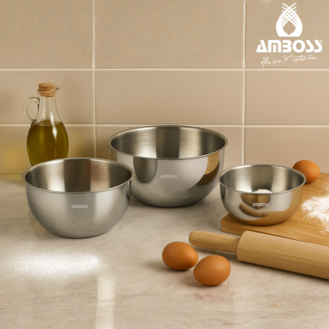 Amboss 3 Parça Çok Amaçlı Paslanmaz Çelik Karıştırma Kabı Kase Seti