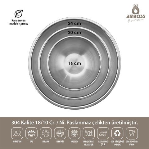 Amboss 3 Parça Çok Amaçlı Paslanmaz Çelik Karıştırma Kabı Kase Seti