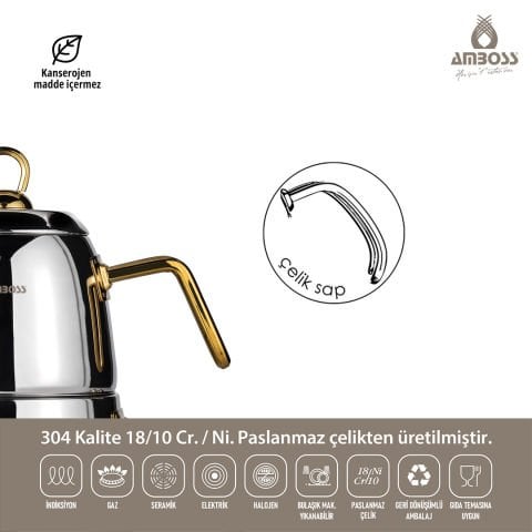 Amboss Diamond Paslanmaz Çelik Gold Kulplu Orta Boy Çaydanlık