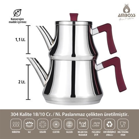 Amboss Ruby Paslanmaz Çelik Bordo Kulplu Orta Boy Çaydanlık