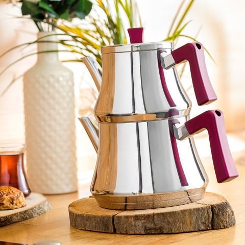 Amboss Ruby Paslanmaz Çelik Bordo Kulplu Çaydanlık - Büyük Boy