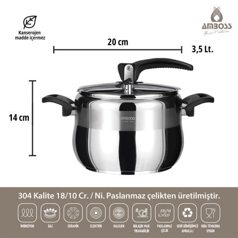 Amboss Amber Klasik Paslanmaz Çelik İndüksiyon Tabanlı Düdüklü Tencere - Siyah Kulp - 3,5 lt. 20 cm