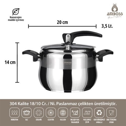 Amboss Amber Klasik Paslanmaz Çelik İndüksiyon Tabanlı Düdüklü Tencere - Siyah Kulp - 3,5 lt. 20 cm