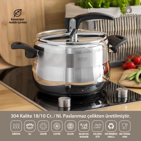 Amboss Amber Klasik Paslanmaz Çelik İndüksiyon Tabanlı Düdüklü Tencere - Siyah Kulp - 6 lt. 22 cm