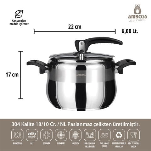 Amboss Amber Klasik Paslanmaz Çelik İndüksiyon Tabanlı Düdüklü Tencere - Siyah Kulp - 6 lt. 22 cm