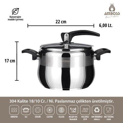 Amboss Amber Klasik Paslanmaz Çelik İndüksiyon Tabanlı Düdüklü Tencere - Siyah Kulp - 6 lt. 22 cm