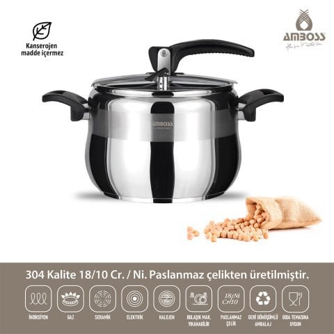 Amboss Amber Klasik Paslanmaz Çelik İndüksiyon Tabanlı Düdüklü Tencere - Siyah Kulp - 6 lt. 22 cm