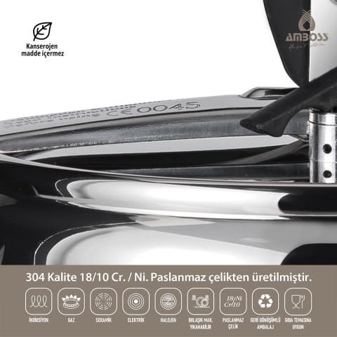 Amboss Amber Klasik Paslanmaz Çelik İndüksiyon Tabanlı Düdüklü Tencere - Siyah Kulp - 6 lt. 22 cm