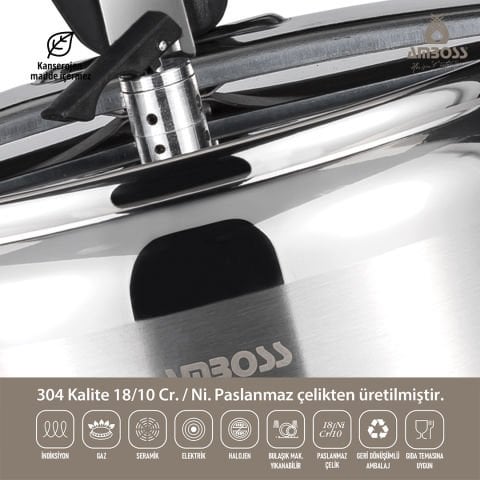 Amboss Amber Klasik Paslanmaz Çelik İndüksiyon Tabanlı Düdüklü Tencere - Siyah Kulp - 6 lt. 22 cm