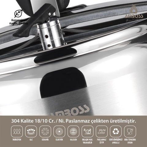 Amboss Amber Klasik Paslanmaz Çelik İndüksiyon Tabanlı Düdüklü Tencere - Siyah Kulp - 6 lt. 22 cm