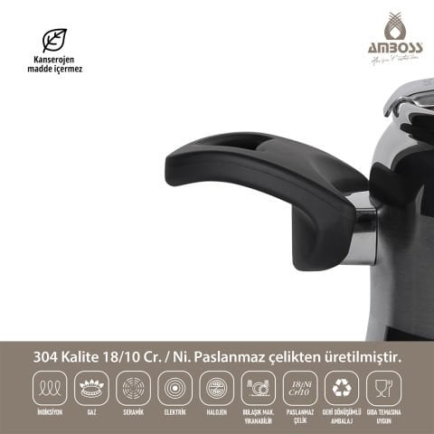 Amboss Amber Klasik Paslanmaz Çelik İndüksiyon Tabanlı Düdüklü Tencere - Siyah Kulp - 6 lt. 22 cm