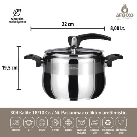 Amboss Amber Paslanmaz Çelik İndüksiyon Tabanlı Klasik Düdüklü Tencere - 8 lt 22 cm