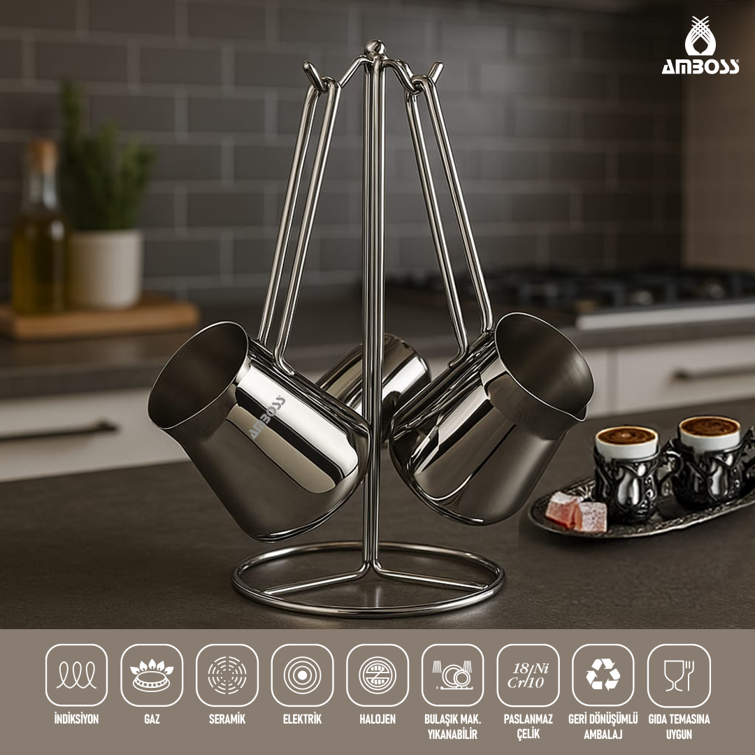 Amboss Stone 3 Parça Paslanmaz Çelik Cezve Seti