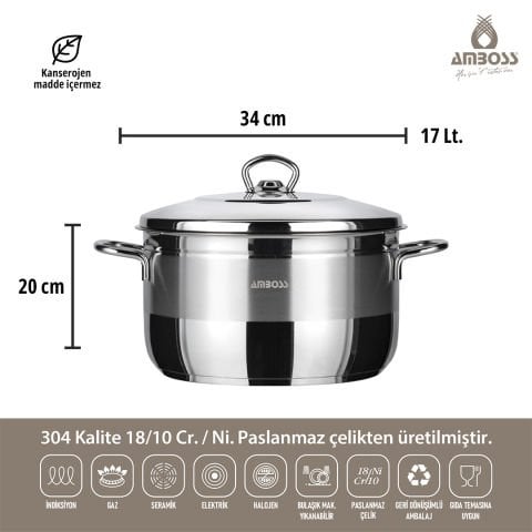 Amboss Saphire Paslanmaz Çelik Derin Tencere 34x20 cm - Çelik Kapak
