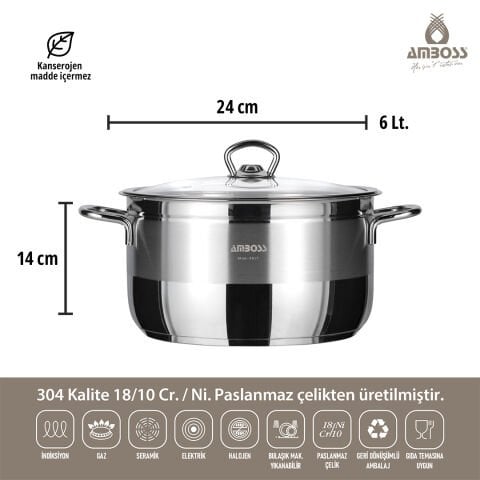 Amboss Saphire Paslanmaz Çelik Derin Tencere 24x14 cm - Çelik Kapak