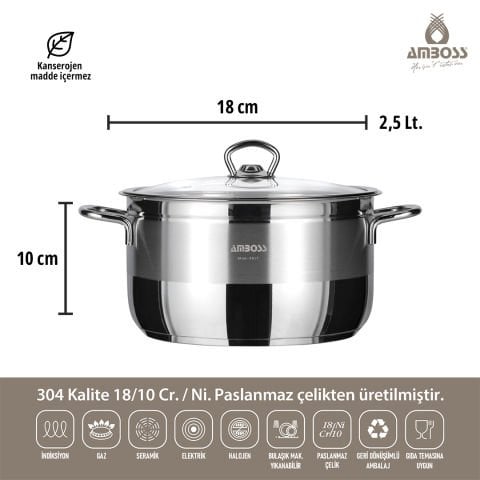 Amboss Saphire Cam Kapaklı İndüksiyon Tabanlı Paslanmaz Çelik Derin Tencere - 18 cm