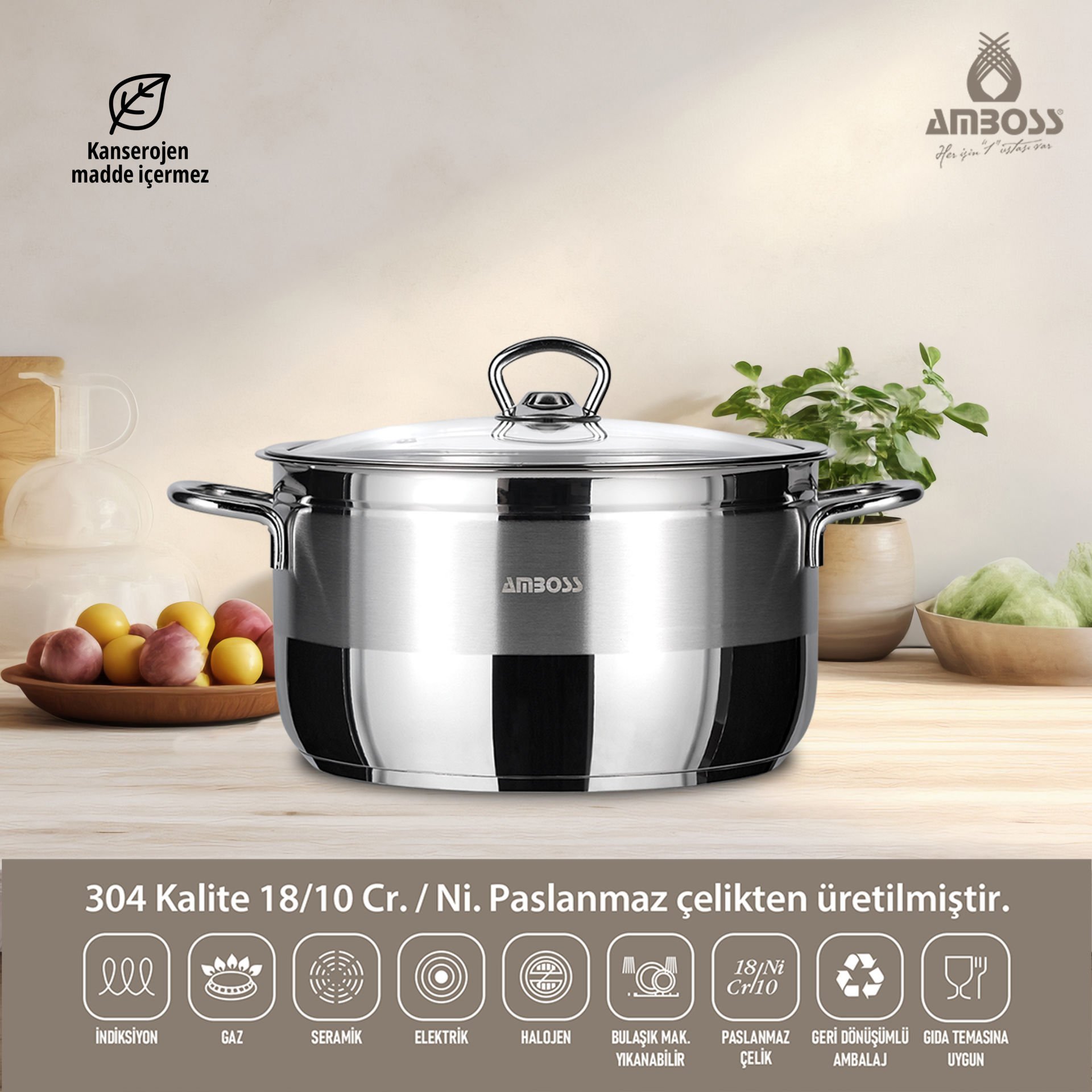 Amboss Saphire Cam Kapaklı İndüksiyon Tabanlı Paslanmaz Çelik Derin Tencere - 18 cm