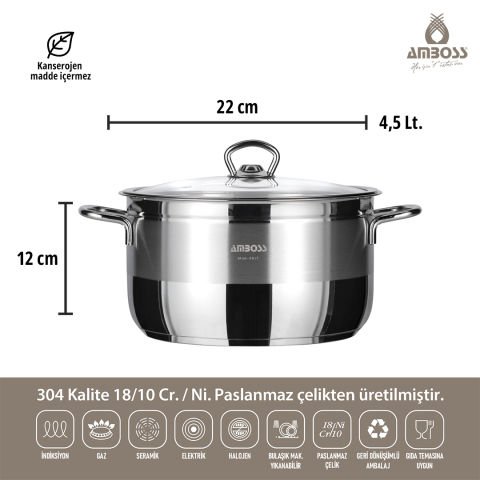 Amboss Saphire Paslanmaz Çelik Derin Tencere 22x12 cm - Cam Kapak
