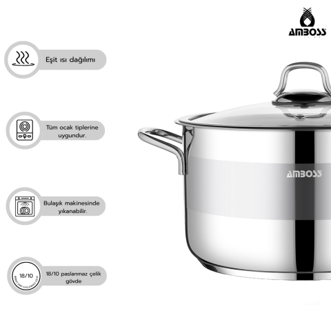 Amboss Saphire Paslanmaz Çelik 24 cm Cam Kapaklı Derin Tencere