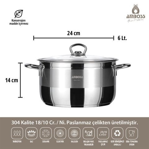 Amboss Saphire Cam Kapaklı Paslanmaz Çelik İndüksiyon Tabanlı Derin Tencere - 24 cm
