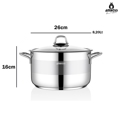 Amboss Saphire Paslanmaz Çelik 26 cm Cam Kapaklı Derin Tencere