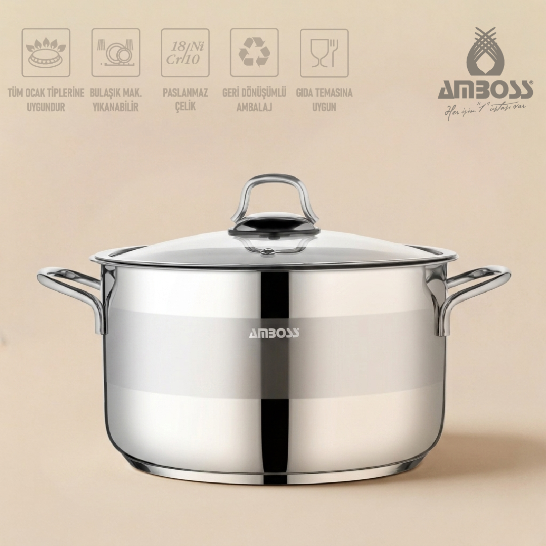 Amboss Saphire Paslanmaz Çelik 26 cm Cam Kapaklı Derin Tencere