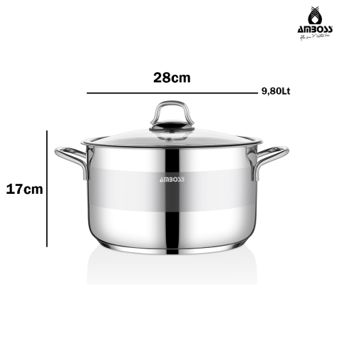 Amboss Saphire Paslanmaz Çelik 28 cm Cam Kapaklı Derin Tencere