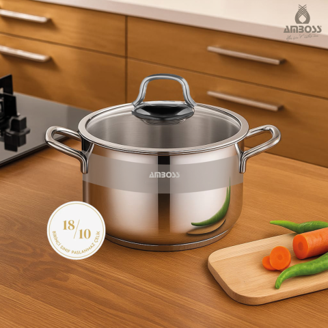 Amboss Saphire Paslanmaz Çelik 28 cm Cam Kapaklı Derin Tencere