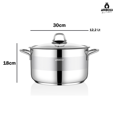 Amboss Saphire Paslanmaz Çelik 30 cm Cam Kapaklı Derin Tencere