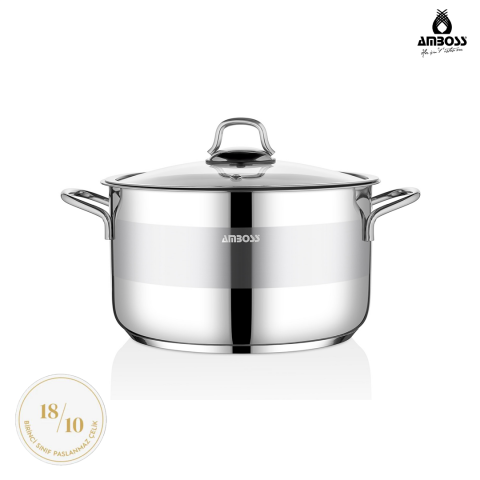 Amboss Saphire Paslanmaz Çelik 30 cm Cam Kapaklı Derin Tencere