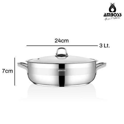 Amboss Saphire Paslanmaz Çelik 24 cm Cam Kapaklı Basık Tencere