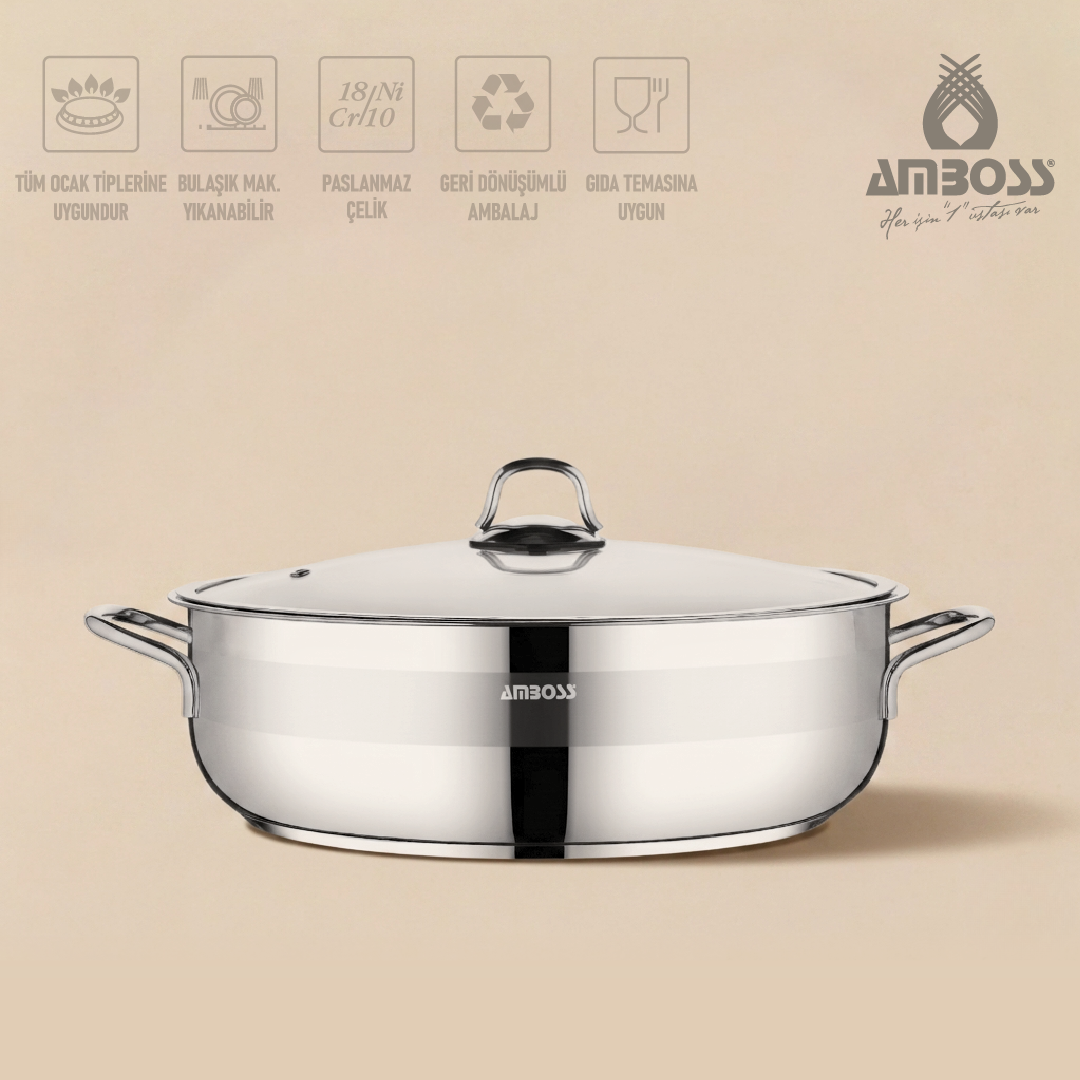 Amboss Saphire Paslanmaz Çelik 24 cm Cam Kapaklı Basık Tencere