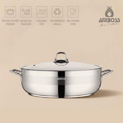 Amboss Saphire Paslanmaz Çelik 24 cm Cam Kapaklı Basık Tencere