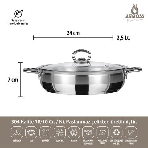 Amboss Saphire Paslanmaz Çelik İndüksiyon Tabanlı Cam Kapaklı Basık Tencere - 24 cm