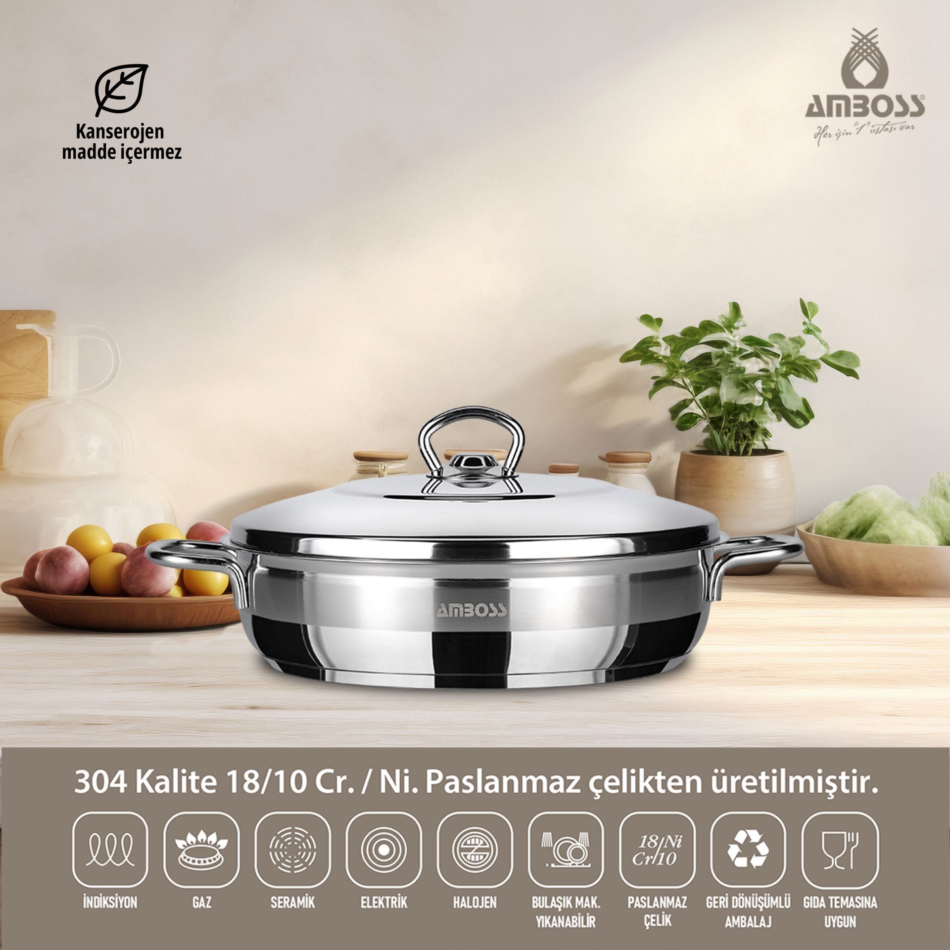 Amboss Saphire Paslanmaz Çelik İndüksiyon Tabanlı Cam Kapaklı Basık Tencere - 24 cm
