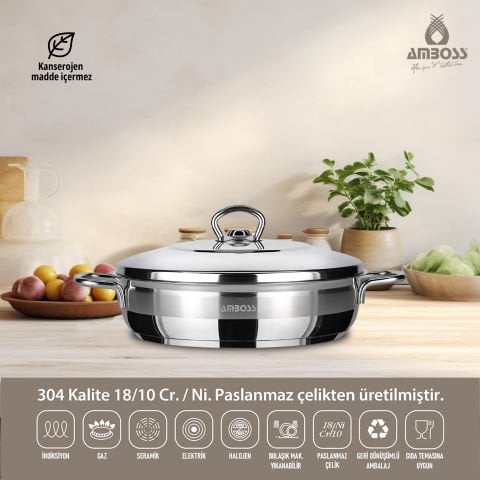 Amboss Saphire Paslanmaz Çelik İndüksiyon Tabanlı Cam Kapaklı Basık Tencere - 24 cm