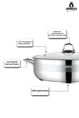 Amboss Saphire Paslanmaz Çelik Basık Tencere 26x7 cm - Cam Kapak