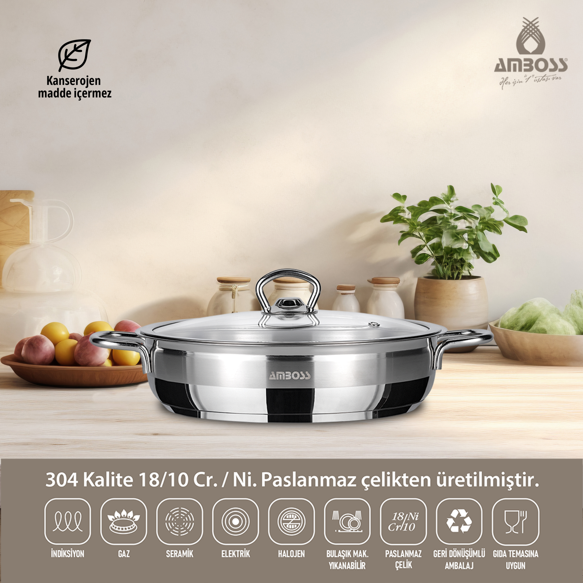 Amboss Saphire Paslanmaz Çelik Cam Kapaklı Basık Tencere - 26 cm
