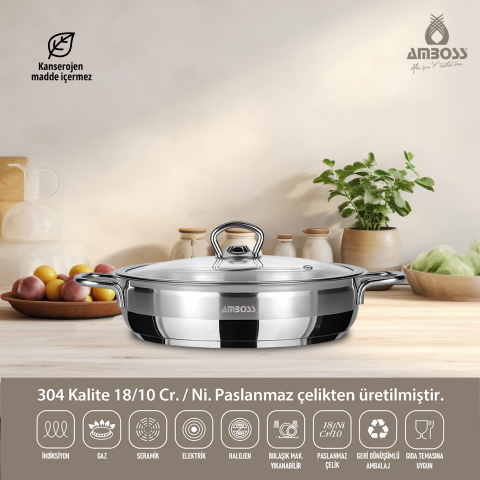 Amboss Saphire Paslanmaz Çelik Cam Kapaklı Basık Tencere - 26 cm
