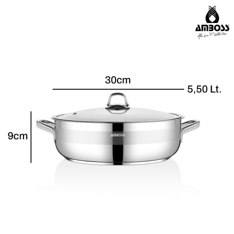 Amboss Saphire Paslanmaz Çelik Basık Tencere 30x9 cm - Cam Kapak