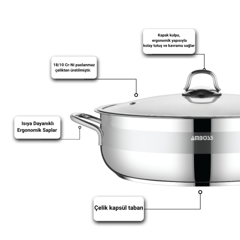Amboss Saphire Paslanmaz Çelik Basık Tencere 30x9 cm - Cam Kapak