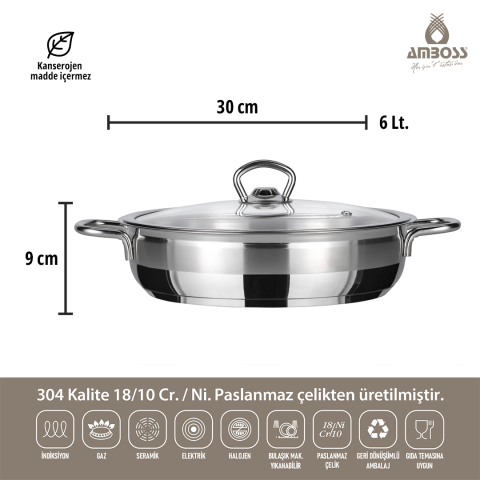 Amboss Saphire Paslanmaz Çelik İndüksiyon Uyumlu Cam Kapaklı Basık Tencere - 30 cm