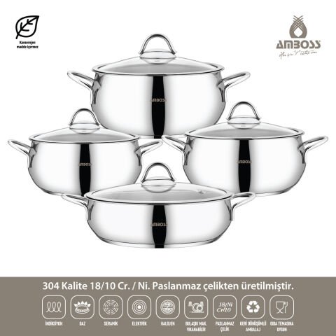 Amboss Stone Paslanmaz Çelik 8 Parça Tencere Seti İndüksiyon Tabanlı